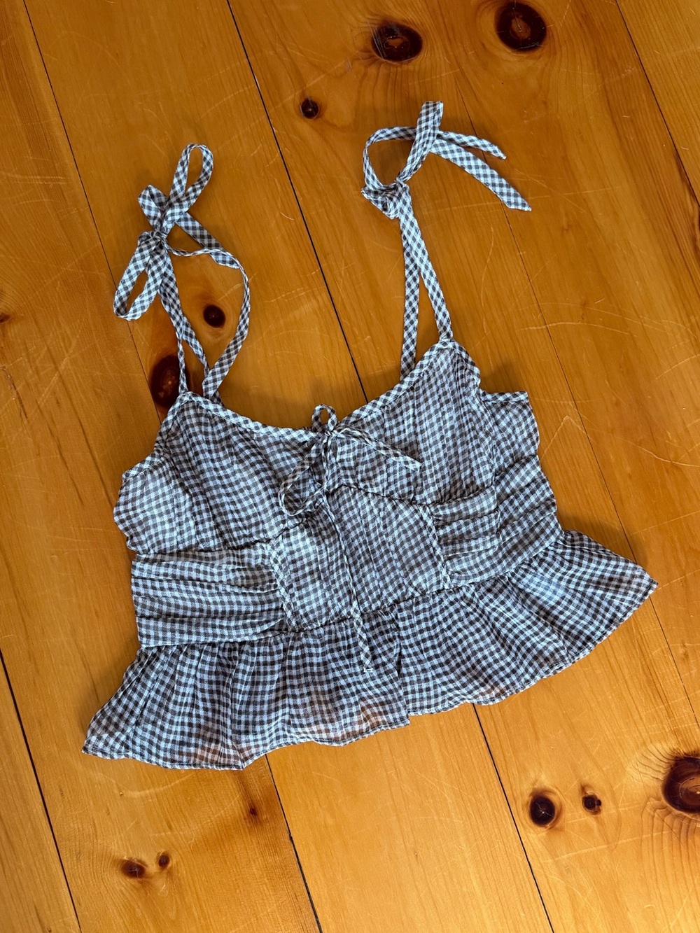 American Eagle Gingham Tie-Shoulder Peplum Tank Top